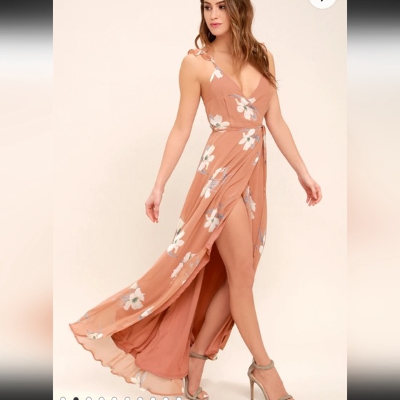 Lulu’s Taupe & Cream All Mine Rusty Rose Floral High-Low Slit Wrap Dress NWT XS - Picture 1 of 16